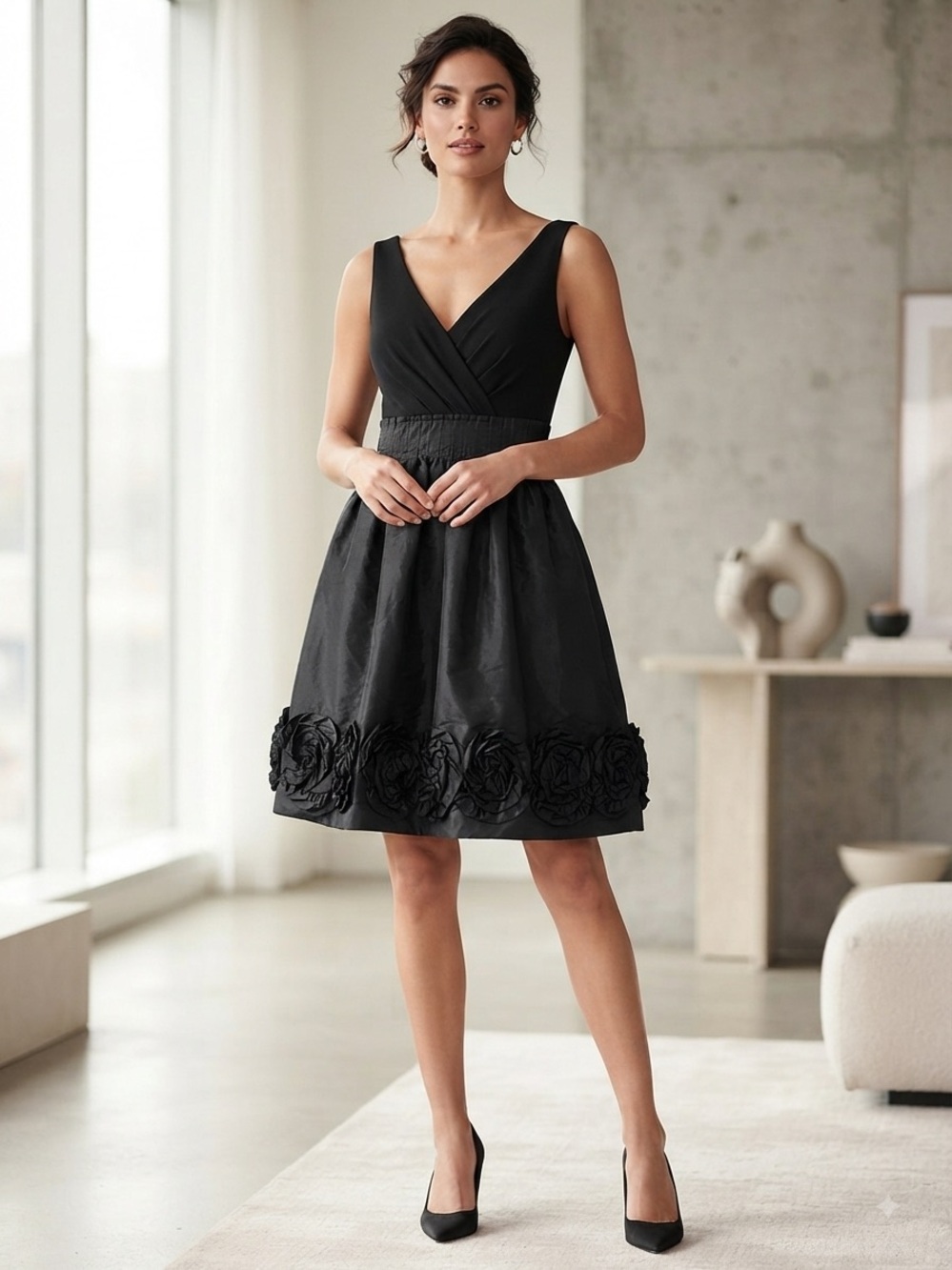 Max & Cleo Black V-Neck Mock Two-Piece Rosette Hem Cocktail Dress - Size 6 - EUC